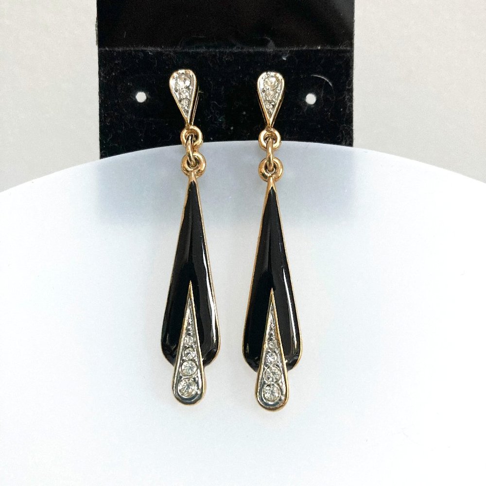 Avon Vintage Black Enamel Pierced Dangle Post Earrings with Rhinestones